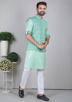 Turquoise Color Jacquard Silk Kurta With Printed Nehru Jacket