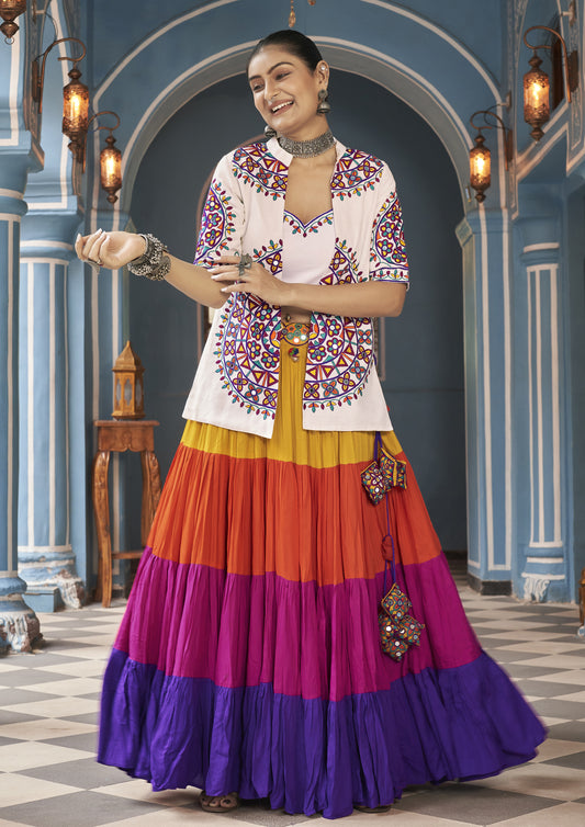 Multi Color Viscose Rayon Embroidered Navratri Lehenga With Jacket