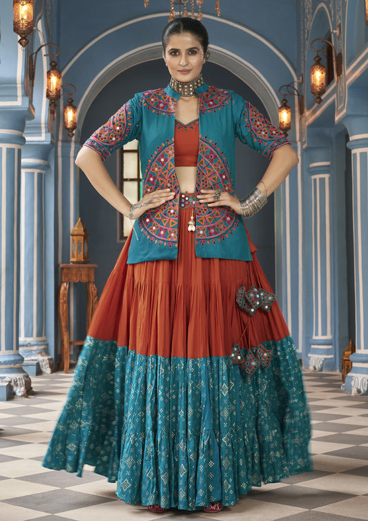 Multi Color Viscose Rayon Embroidered Navratri Lehenga With Jacket