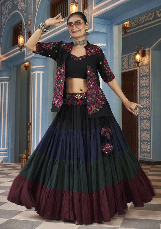 Multi Color Viscose Rayon Embroidered Navratri Lehenga With Jacket