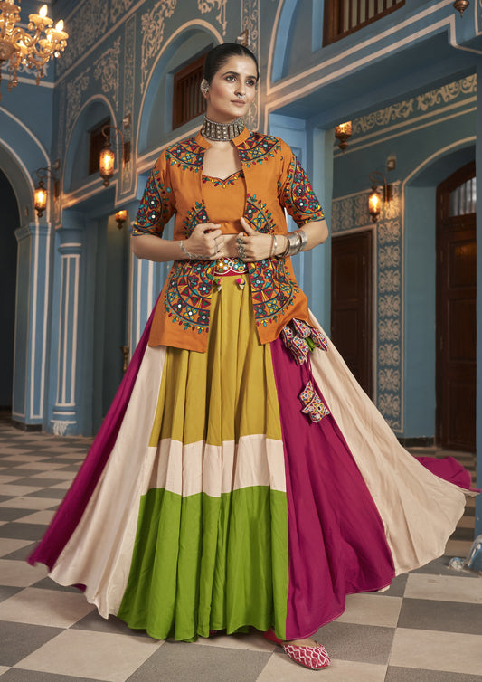 Multi Color Viscose Rayon Embroidered Navratri Lehenga With Jacket