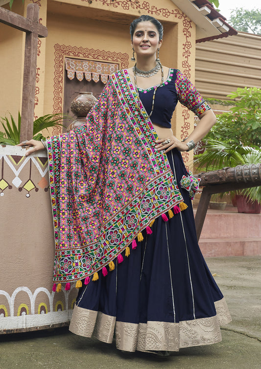 Navy Blue Color Viscose Rayon Embroidered Lehenga For Navratri