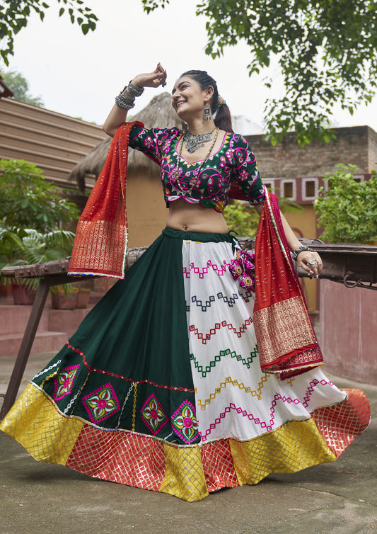 Multi Color Viscose Rayon Embroidered Navratri Lehenga