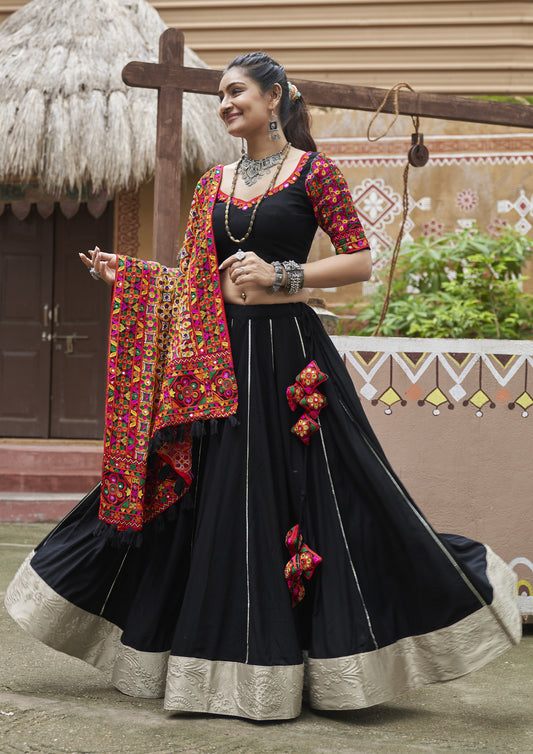 Black Color Viscose Rayon Embroidered Garba Wear Lehenga