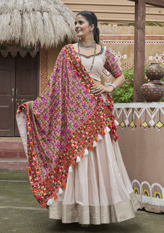 Beige Color Viscose Rayon Embroidered Garba Wear Lehenga