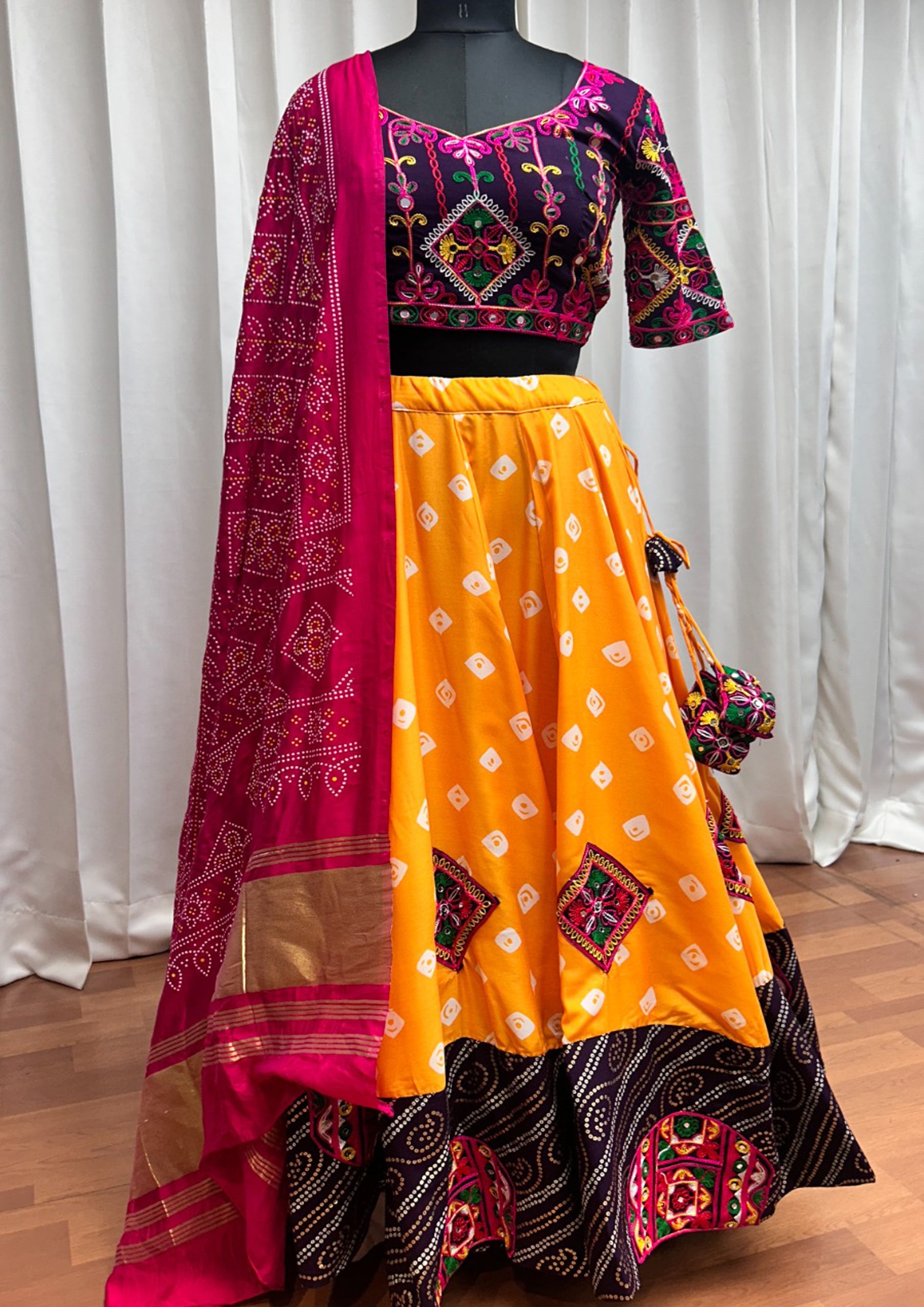 Yellow Color Viscose Rayon Embroidered Garba Wear Lehenga