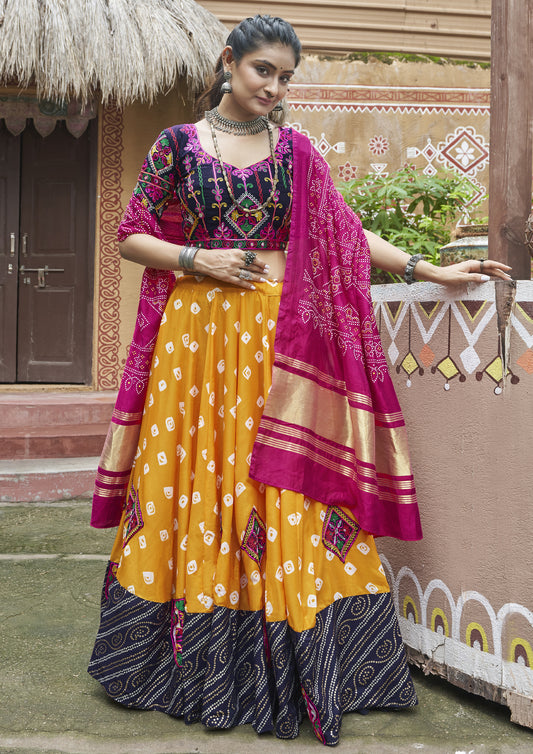 Yellow Color Viscose Rayon Embroidered Garba Wear Lehenga