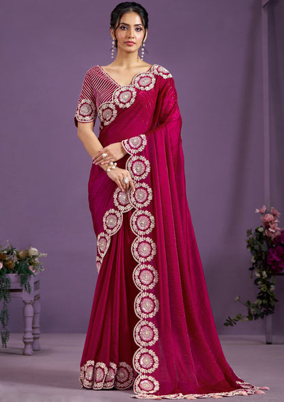 Classic Rani Color Two Tone Silk Party Wear Saree