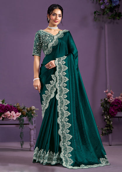 Green Color Two Tone Satin Silk Embroidered Party Wear Saree