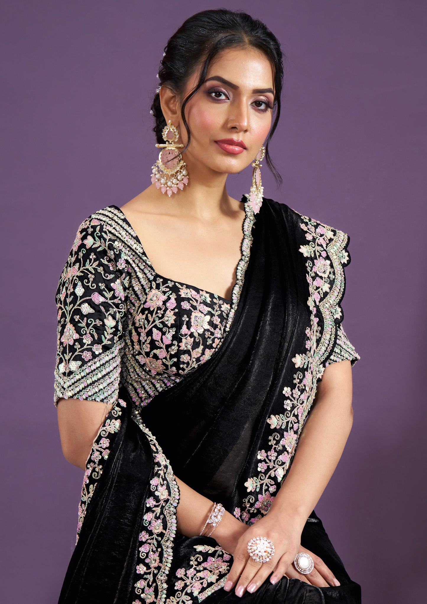 Dazzling Black Color Two Tone Satin Silk Saree