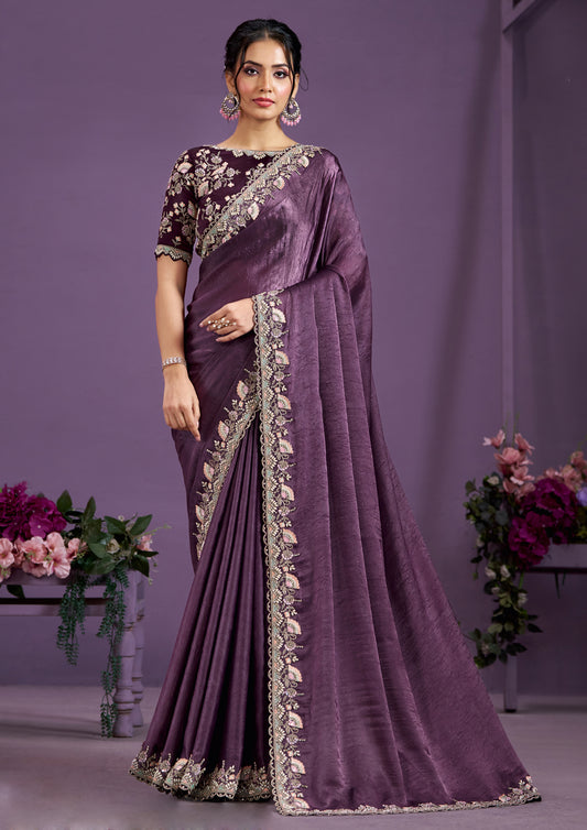 Amazing Dark Purple Crepe Satin Silk Wedding Wear Saree