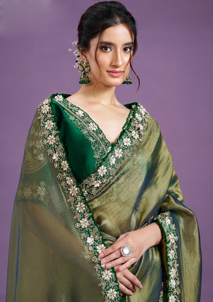 Classic Olive Color Glass Tissue Silk Wedding Saree