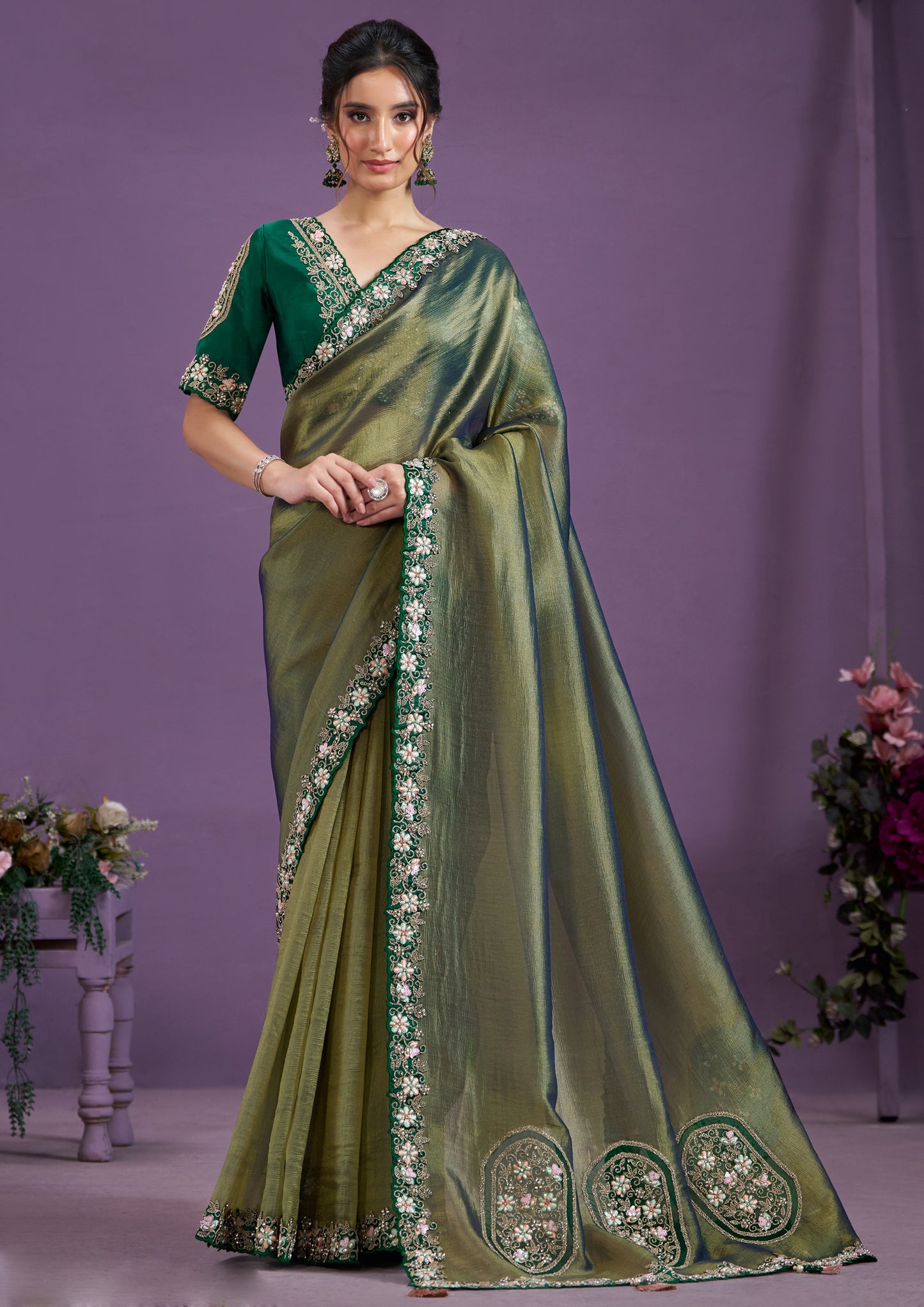 Classic Olive Color Glass Tissue Silk Wedding Saree