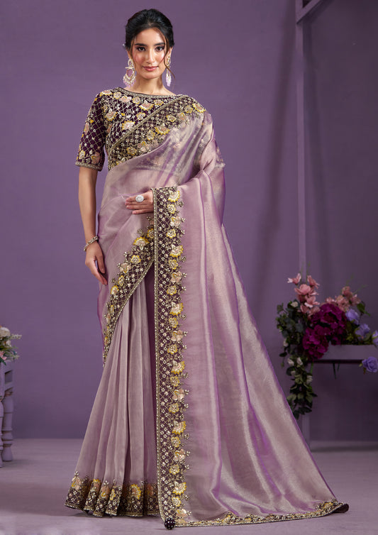 Adorable Light Purple Glass Tissue Silk Classic Saree