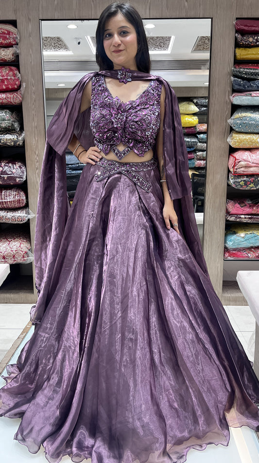 Purple Color Hand Work Organza Fancy Lehenga Choli