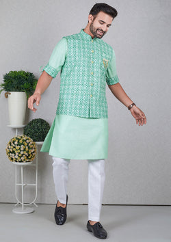 Turquoise Color Jacquard Silk Kurta With Printed Nehru Jacket