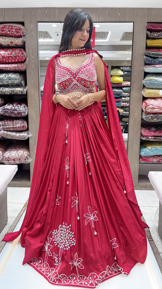 Pink Color Crepe Hand Work Lehenga Choli For Wedding