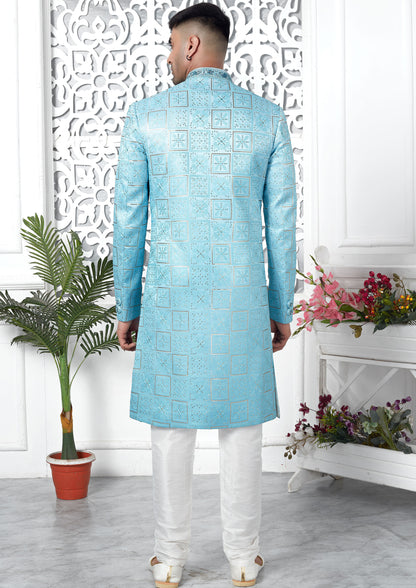 Sky Blue Color Art Silk Thread Embroidered Sherwani
