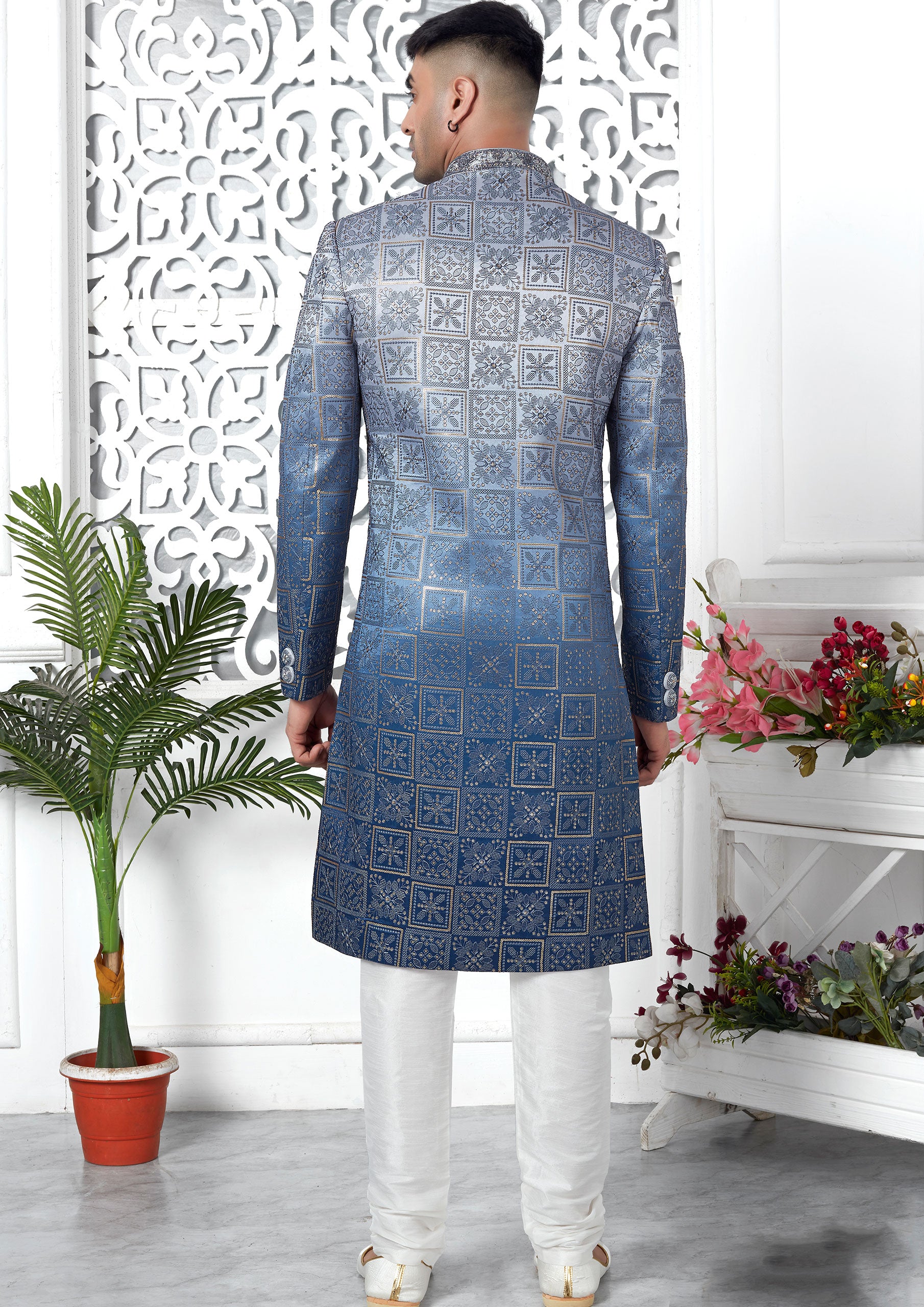 Dual Tone Blue Color Art Silk Thread Embroidered Sherwani