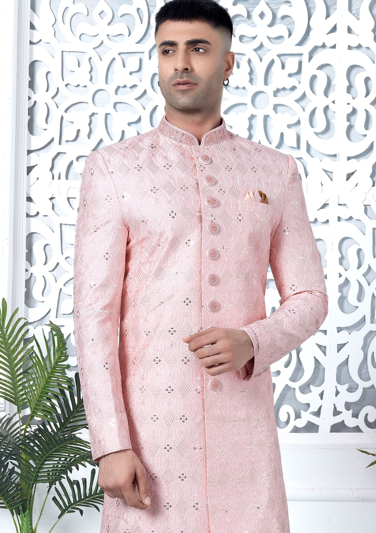 Regal Pink Color Art Silk Thread Embroidered Sherwani