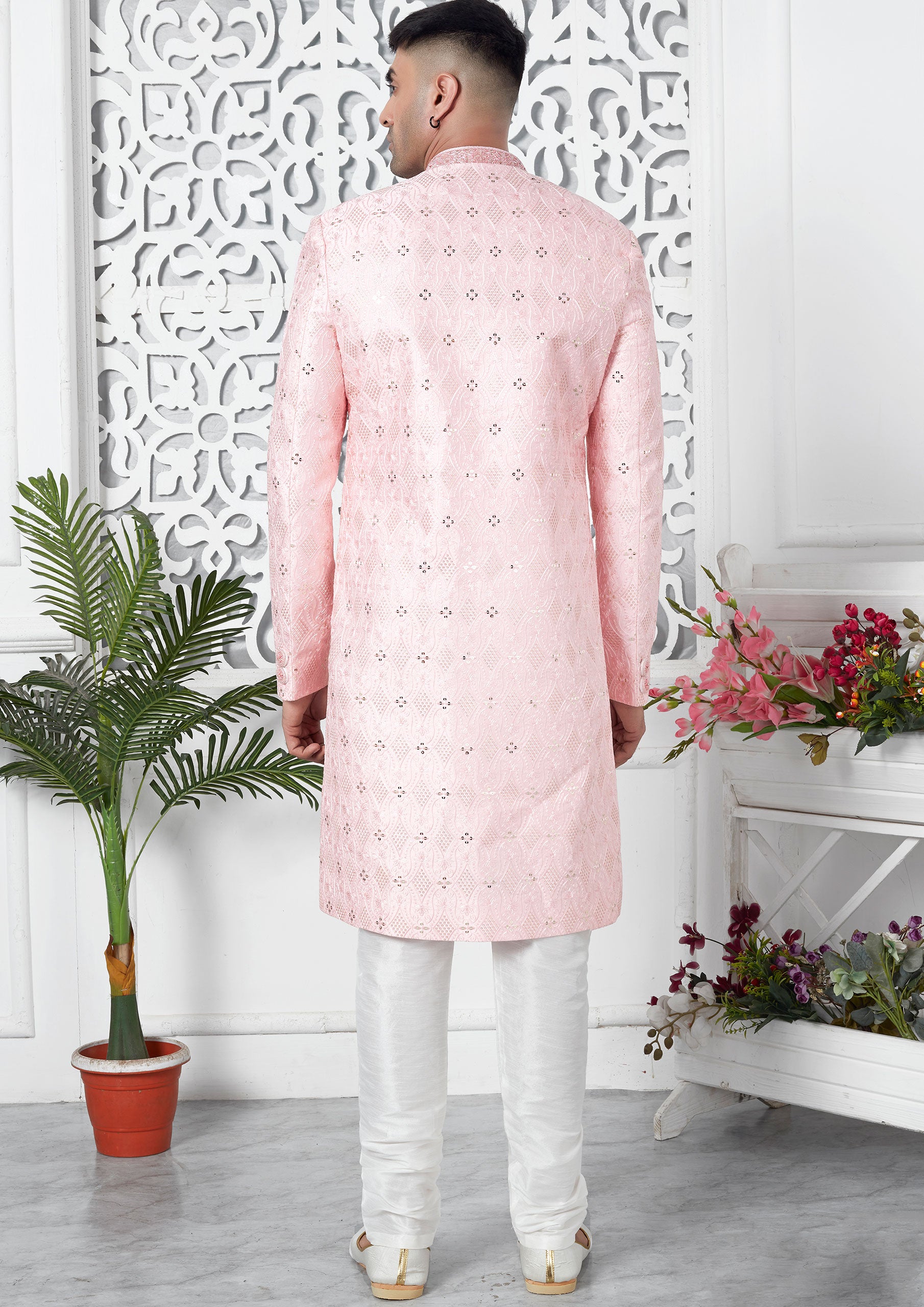 Regal Pink Color Art Silk Thread Embroidered Sherwani