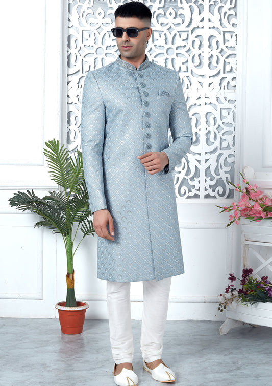 Sky Blue Color Art Silk Thread Embroidered Sherwani