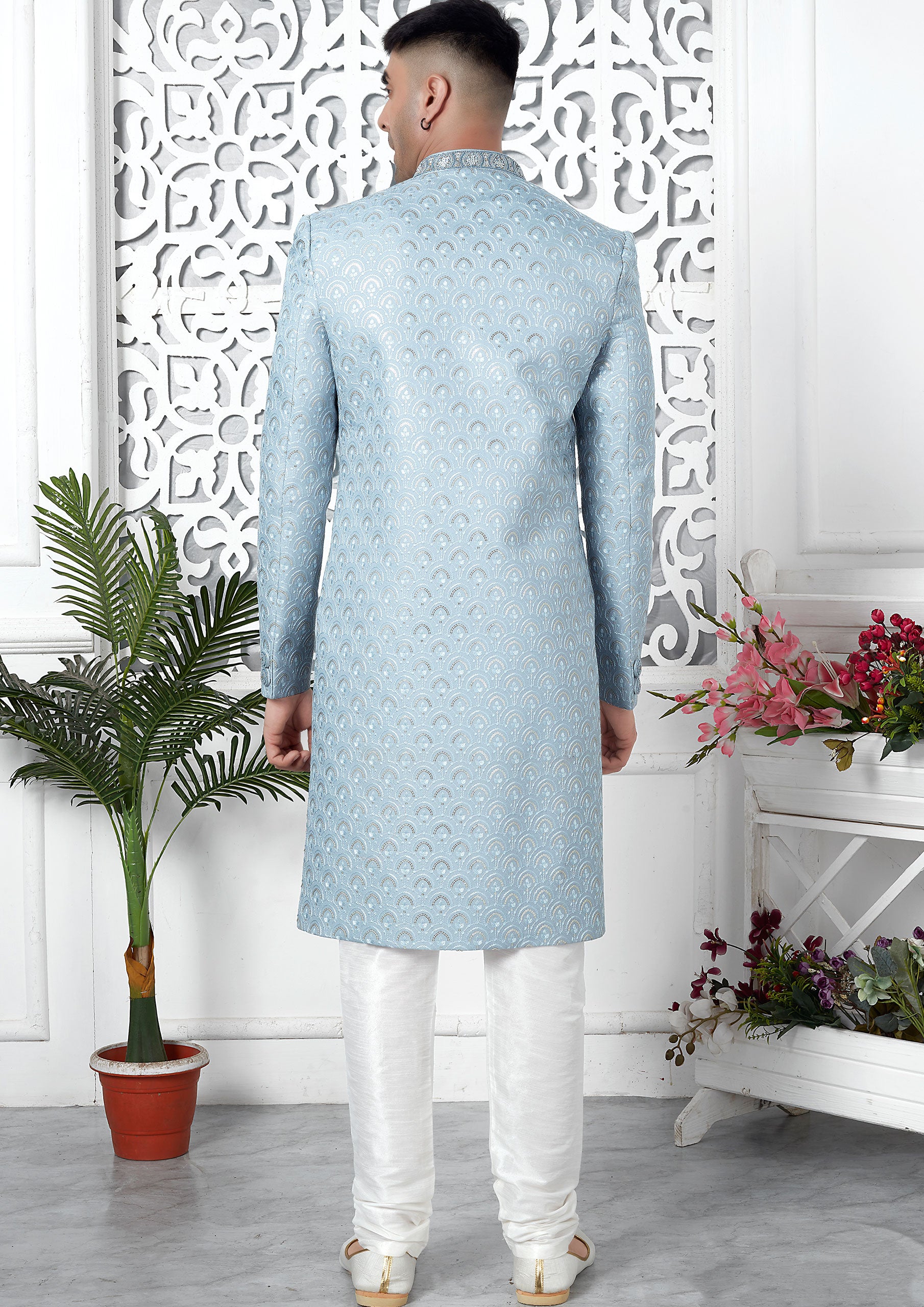 Sky Blue Color Art Silk Thread Embroidered Sherwani