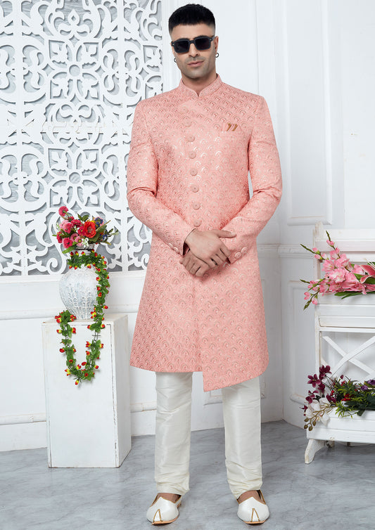 Dazzling Peach Color Art Silk Thread Embroidered Sherwani