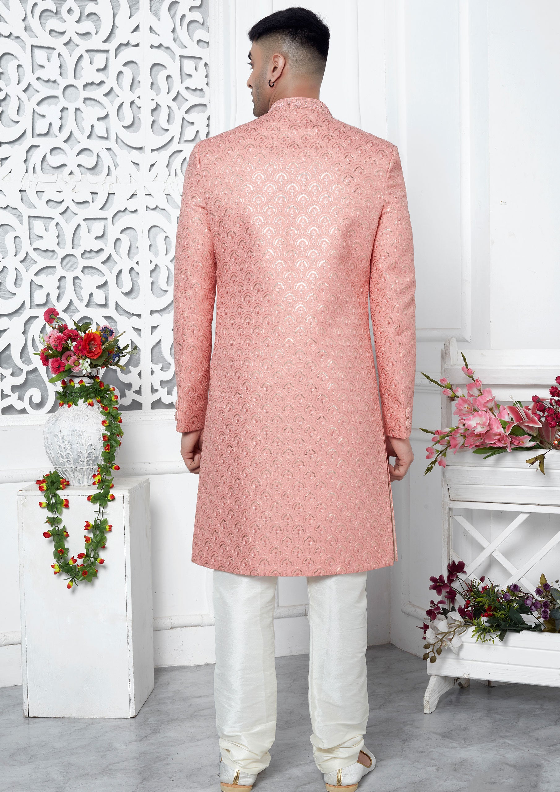 Dazzling Peach Color Art Silk Thread Embroidered Sherwani