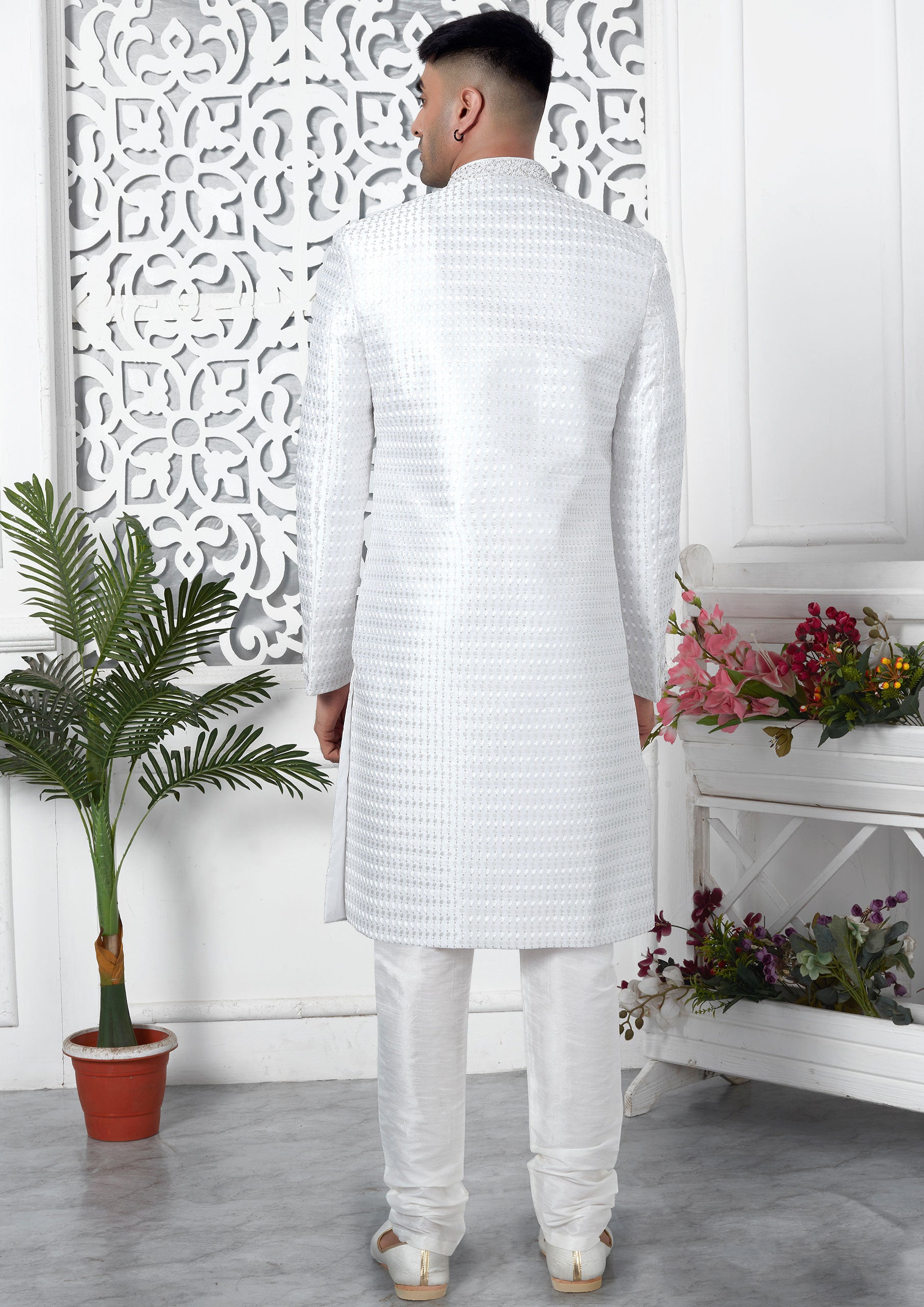 Off white Color Art Silk Thread Embroidered Sherwani