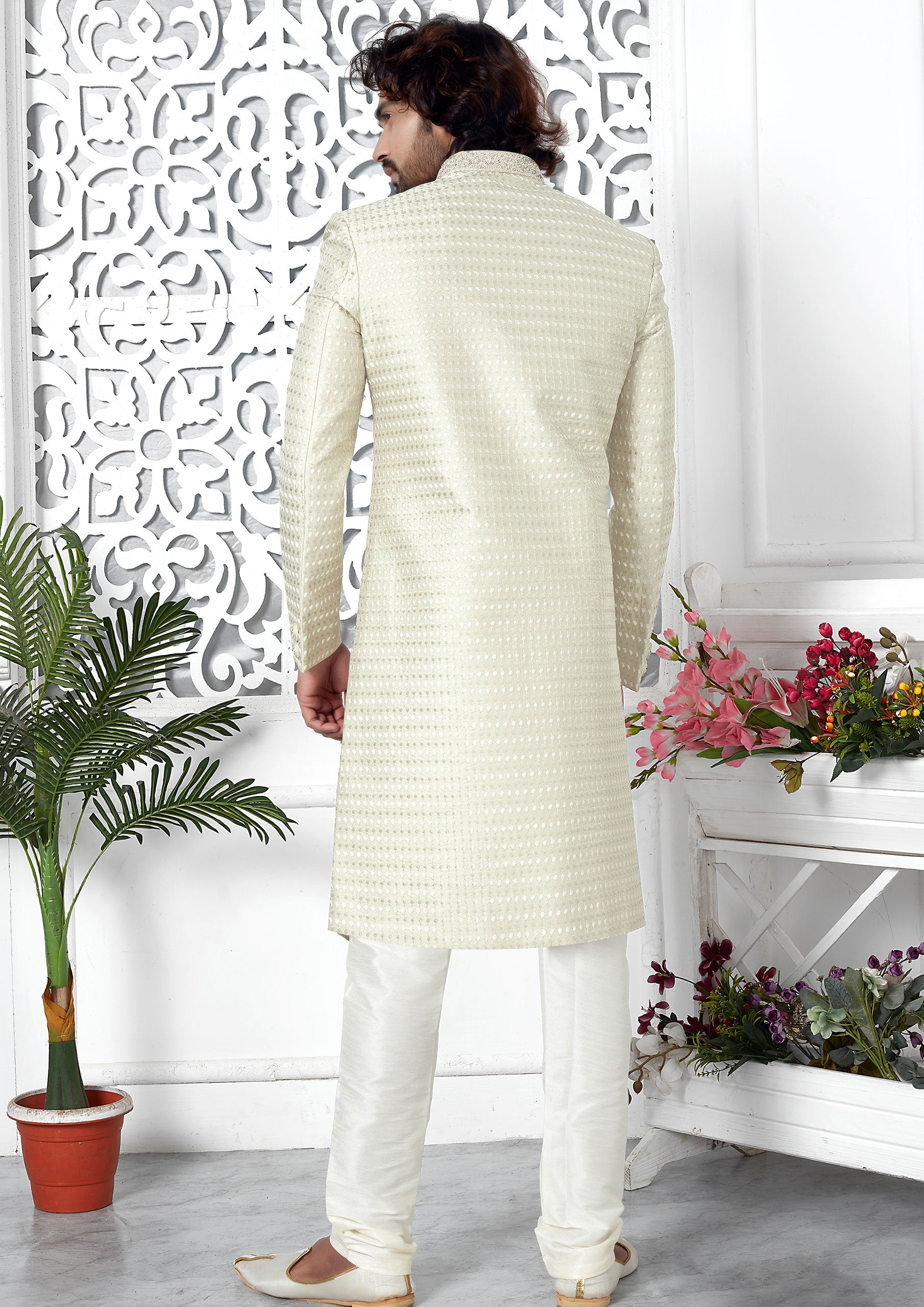 Fancy Cream Color Art Silk Thread Embroidered Sherwani