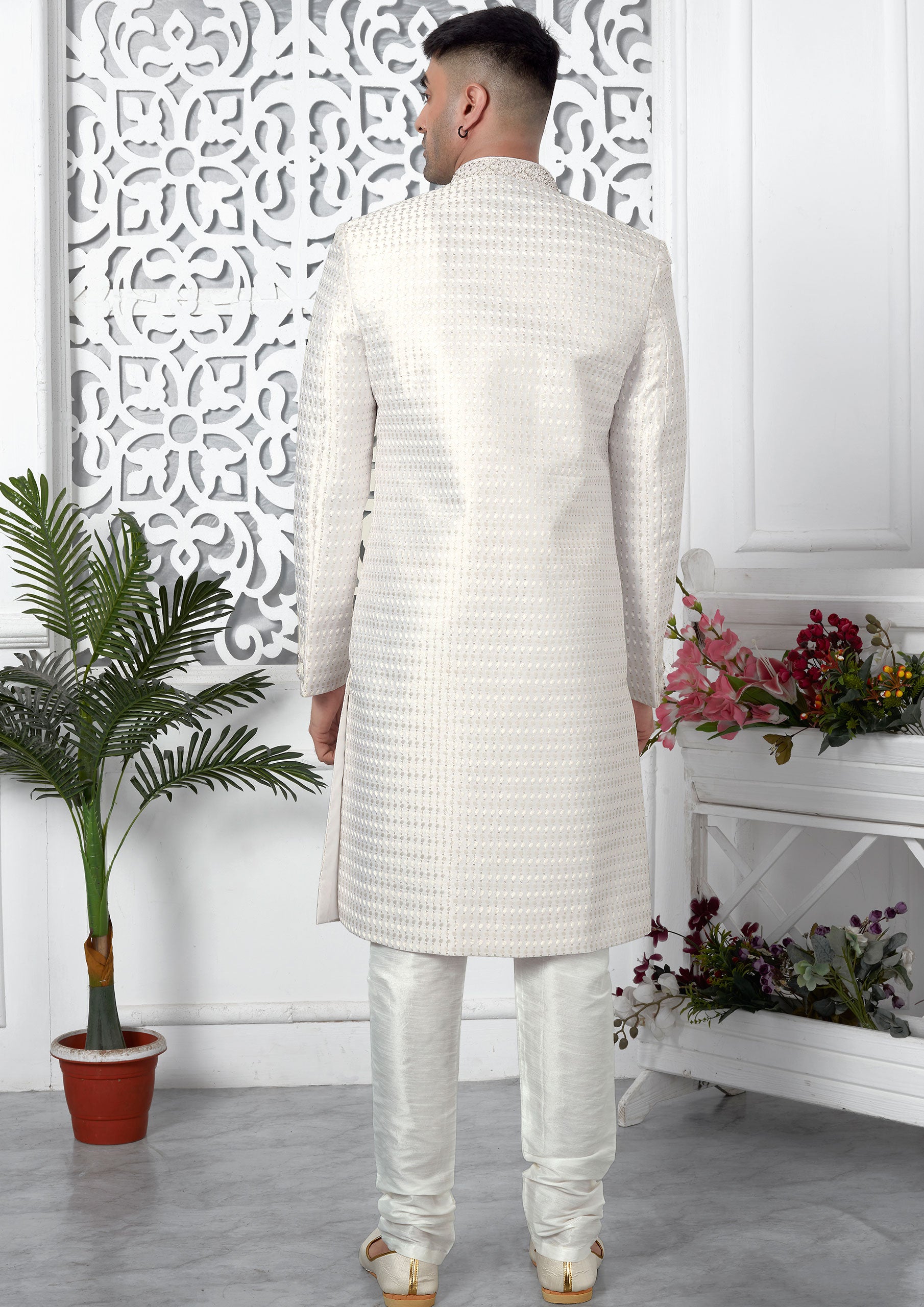 Adorable Cream Color Art Silk Thread Embroidered Sherwani