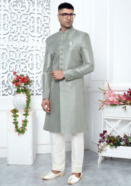 Pista Green Color Art Silk Thread Embroidered Sherwani