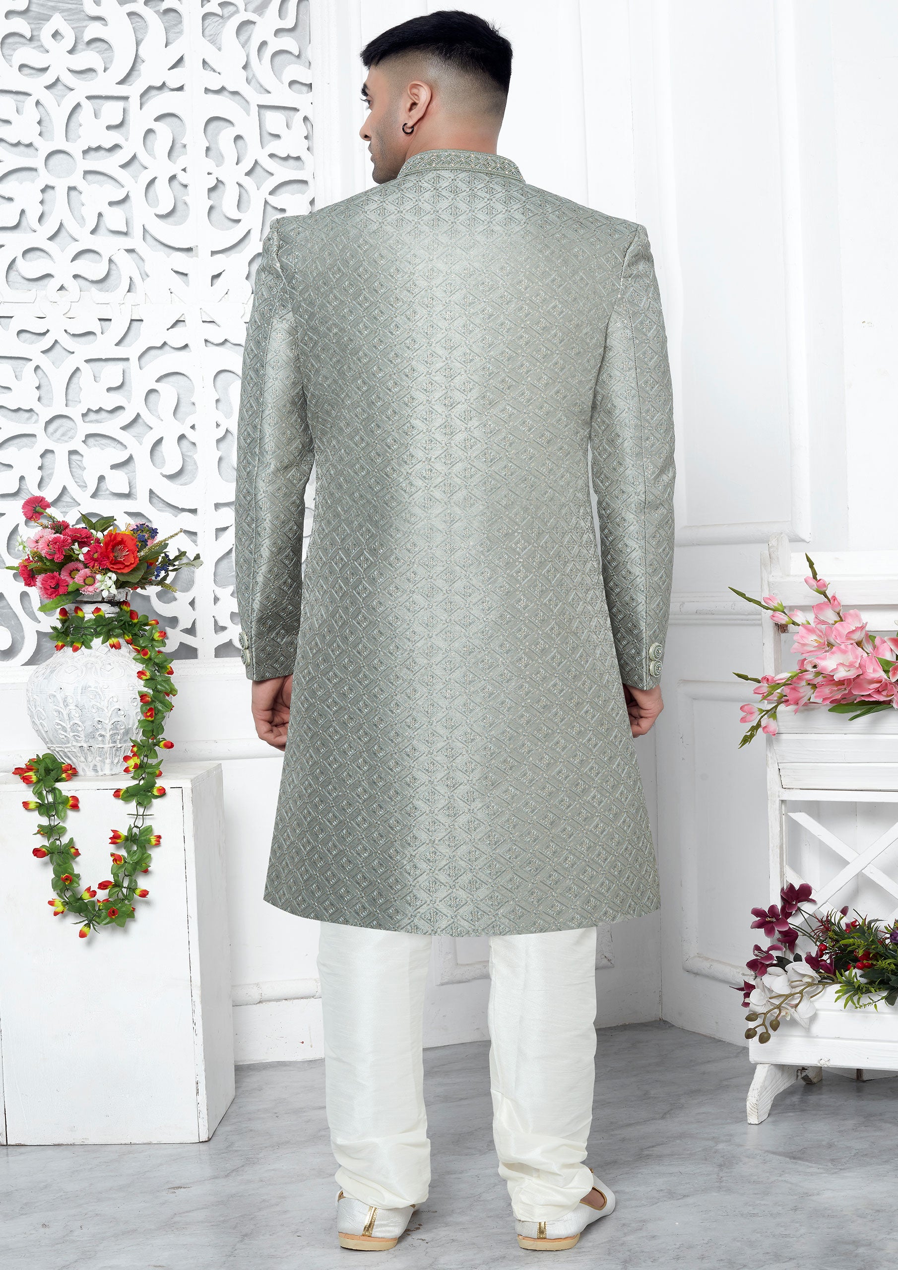 Pista Green Color Art Silk Thread Embroidered Sherwani