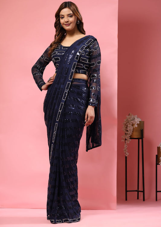 Blue Color Georgette Sequins Work Ready To Wear Saree