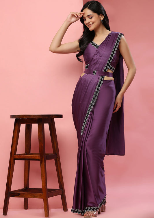 Purple Color Satin Silk Ready To Wear Saree With Readymade Blouse