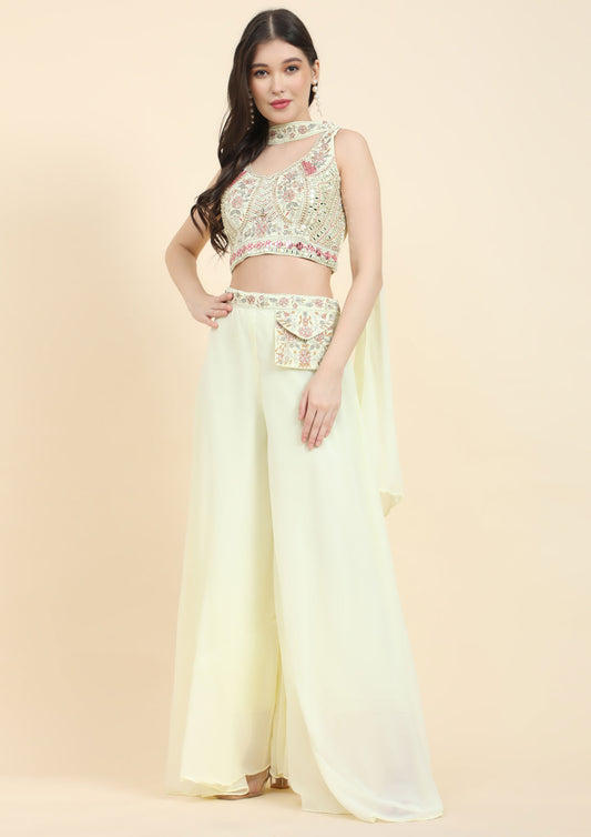 Yellow Color Georgette Mirror Work Top With Palazzo Set