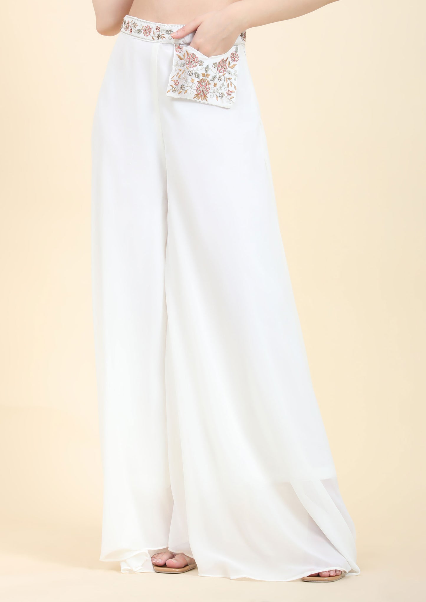 White Color Georgette Mirror Work Top With Palazzo Set