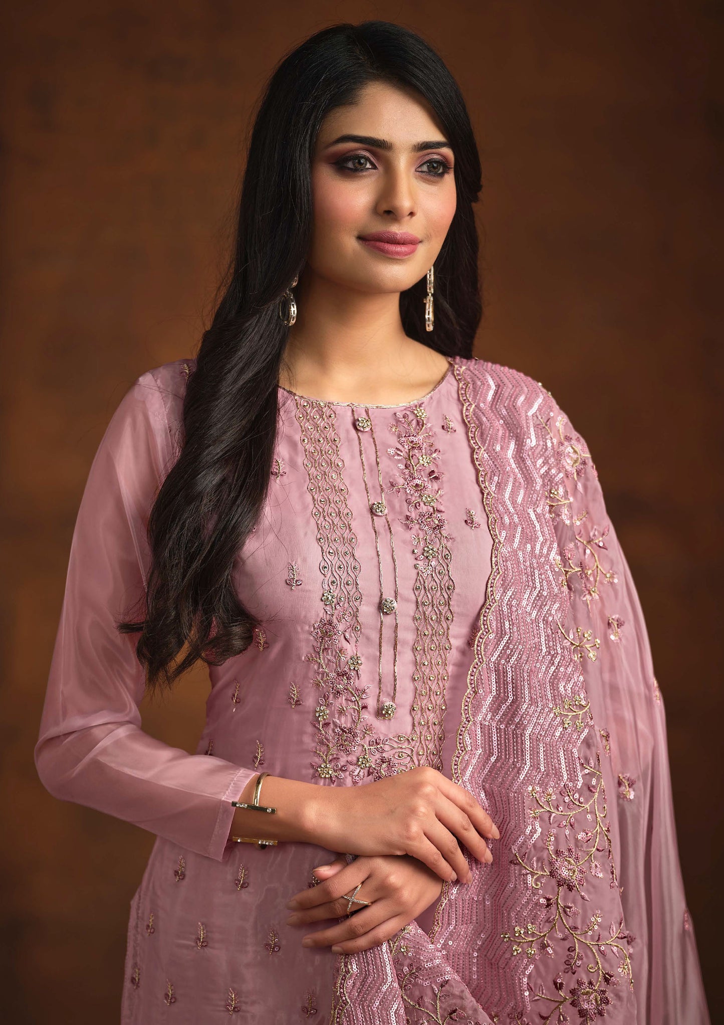 Pink Color Embroidered Organza Suit