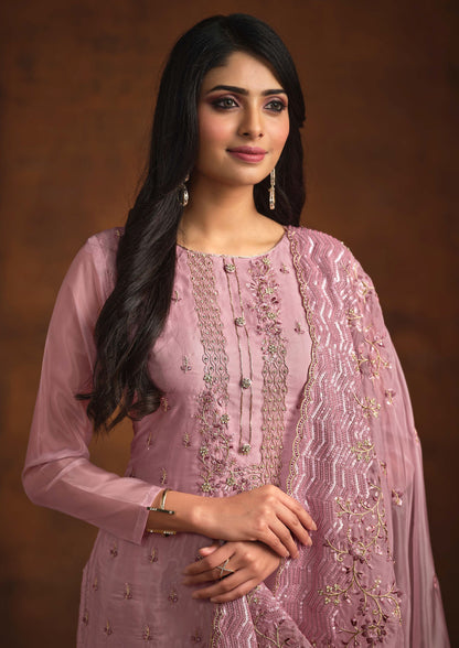 Pink Color Embroidered Organza Suit