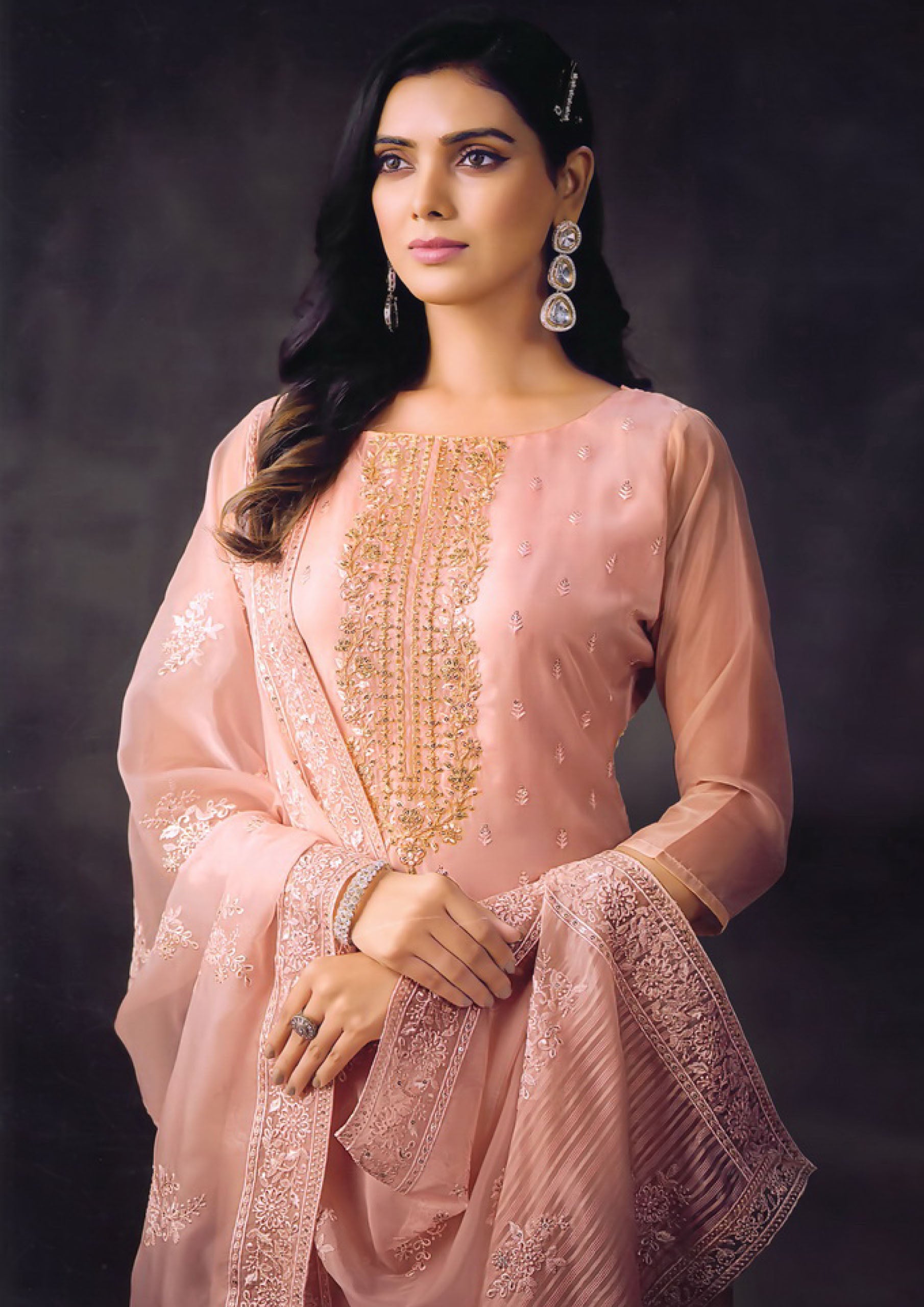 Peach Color Embroidered Organza Salwar Kameez For Traditional Occasions