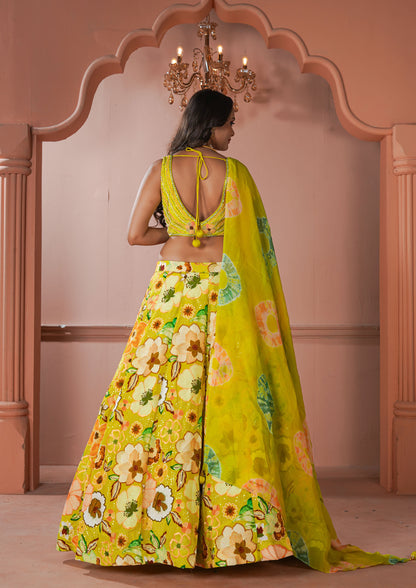 Turmeric Yellow Crepe Silk Lehenga Choli with French Knot work Georgette Dupatta