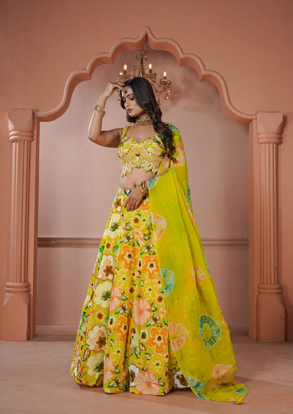 Turmeric Yellow Crepe Silk Lehenga Choli with French Knot work Georgette Dupatta