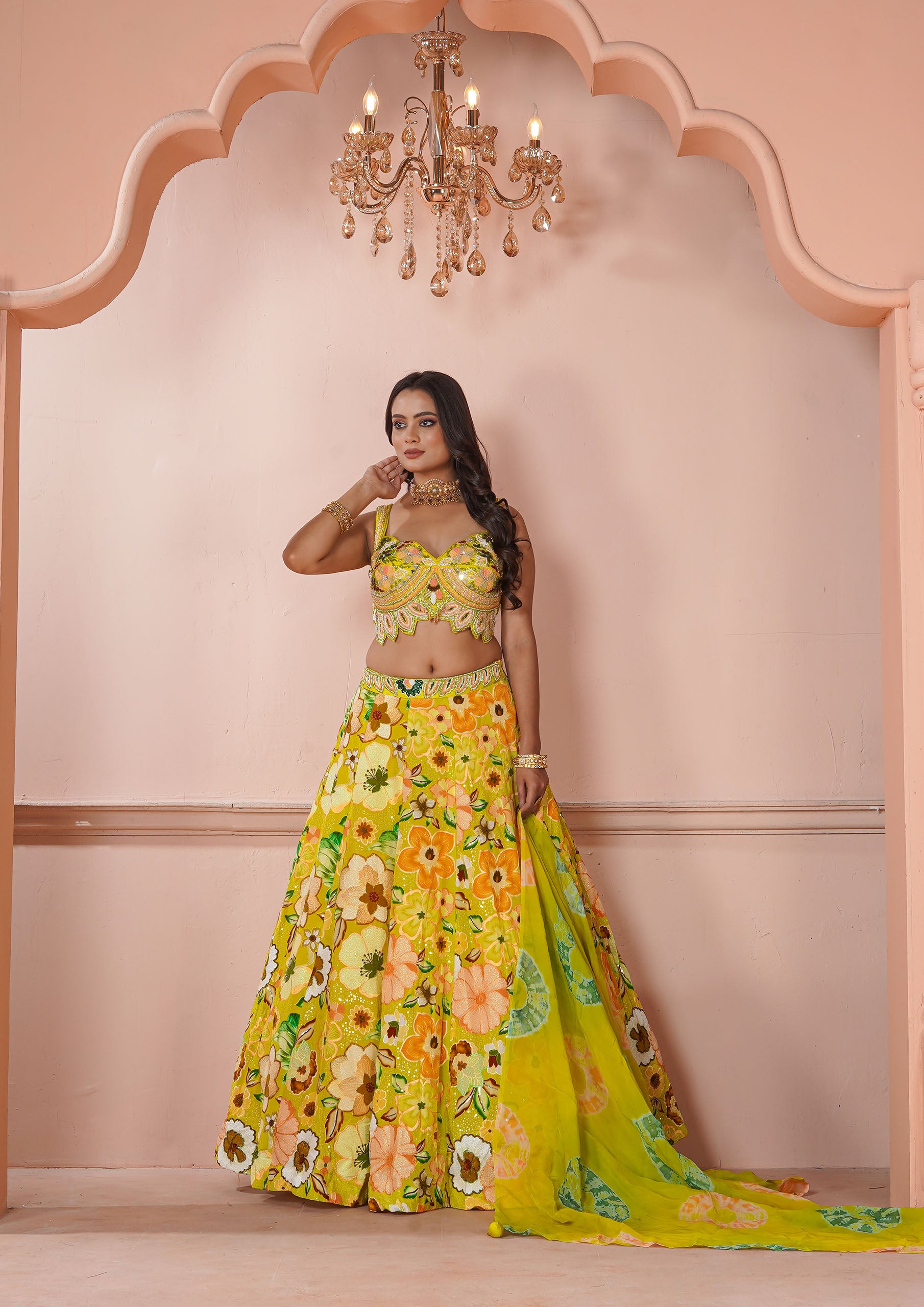 Turmeric Yellow Crepe Silk Lehenga Choli with French Knot work Georgette Dupatta