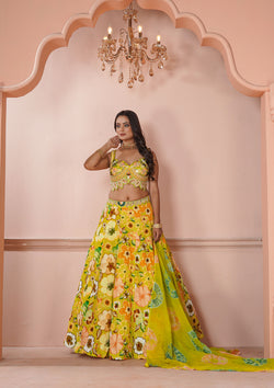 Turmeric Yellow Crepe Silk Lehenga Choli with French Knot work Georgette Dupatta