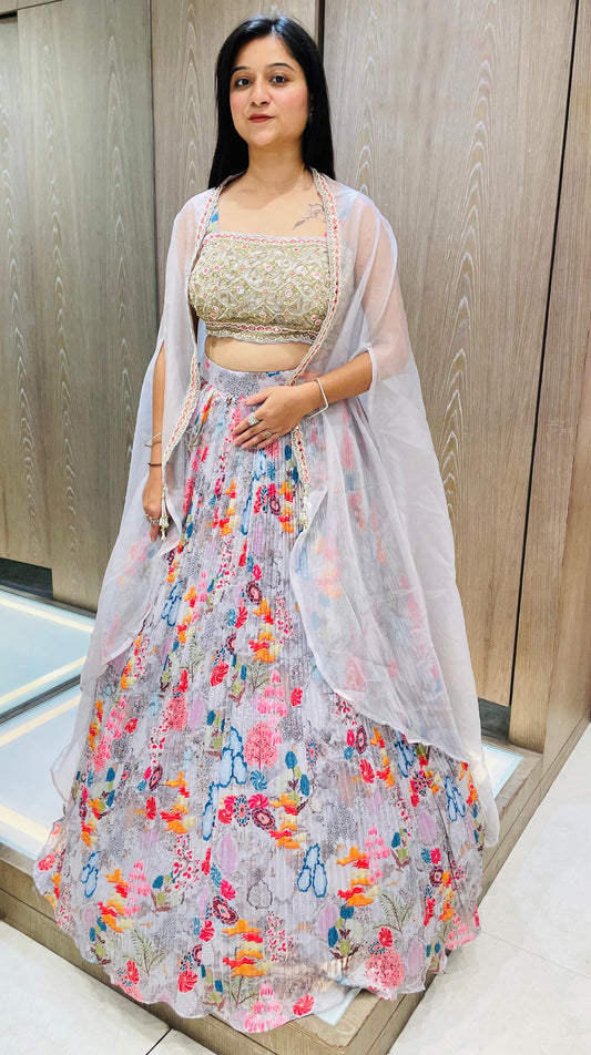 Grey Color Georgette Printed Lehenga Choli With Shrug