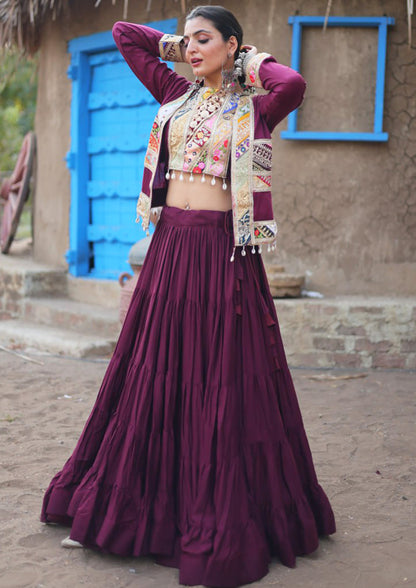 Rayon Wine Festival Wear Gamthi Work Readymade Lehenga Choli With Koti