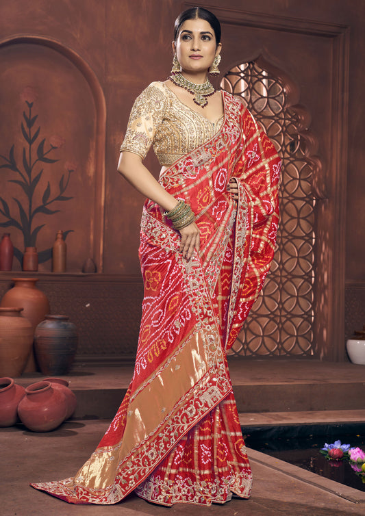 Red Color Gajji Silk Hand Work Bandhani Saree