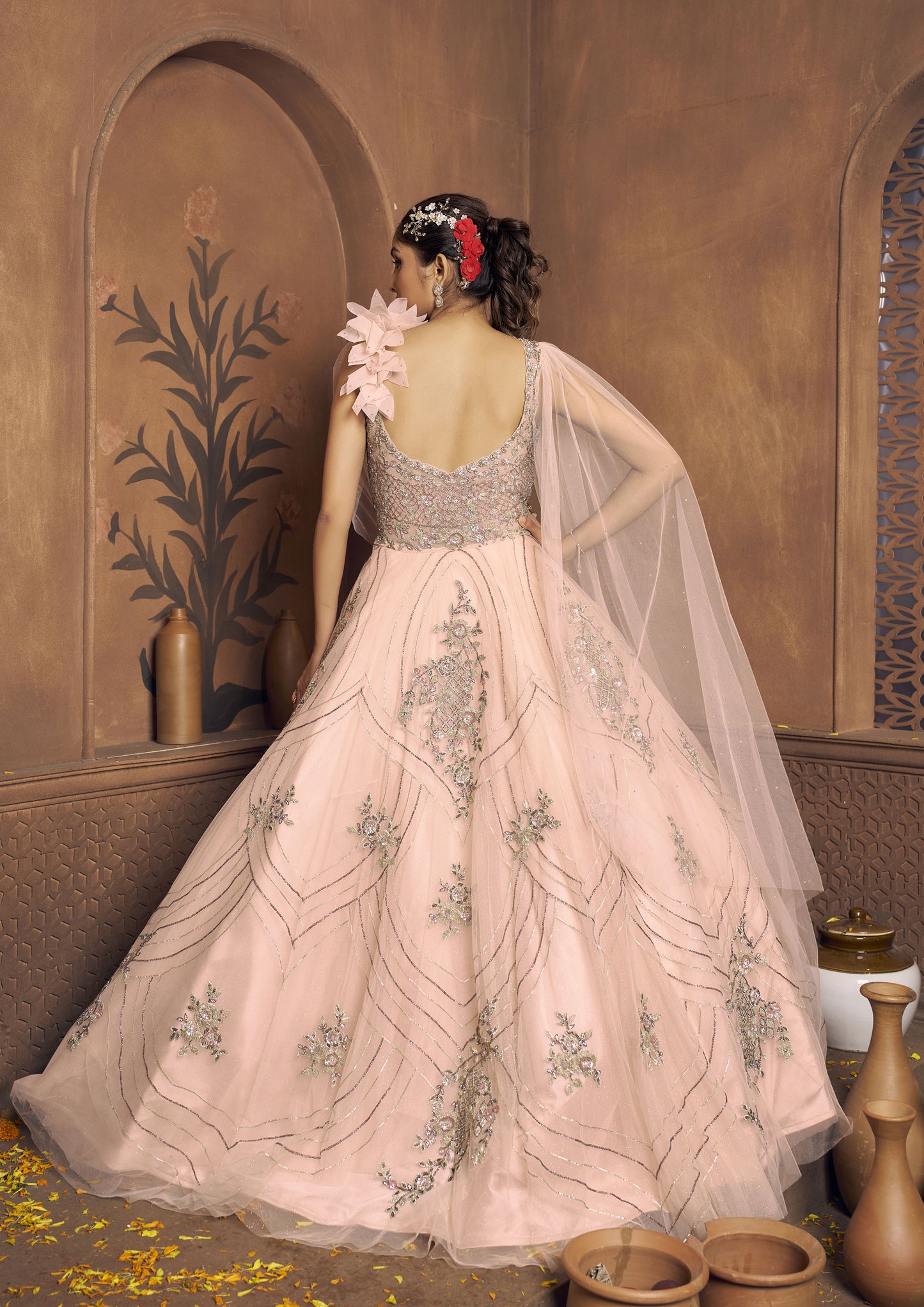 Designer Peach Color Net Hand Work Gown For Reception