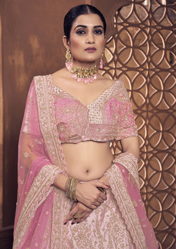 Baby Pink Color Raw Silk Hand Work Lehenga For Bride